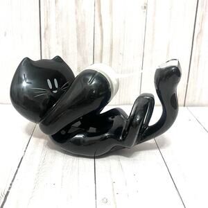 Scotch Tape Dispenser Black Playful Cat/Kitten On Back Red Collar Plastic